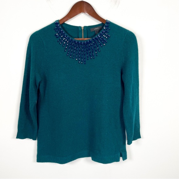 J.Crew Green Jewelled Crewneck Wool Sweater - Picture 3 of 6